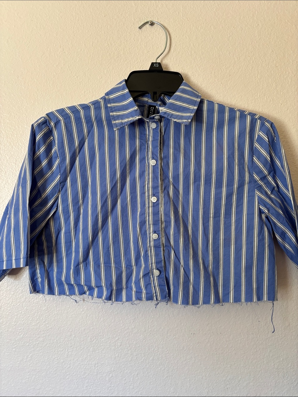 H&M Divided Woman’s Blue and White Cropped Button Down Shirt, Raw Hem